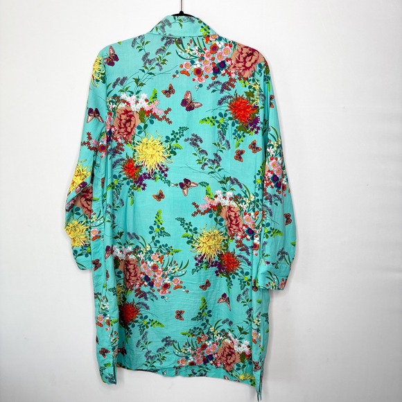 Soft Surroundings Turquoise Floral Butterfly Linen Blend Shirt Dress Size L - Picture 8 of 10
